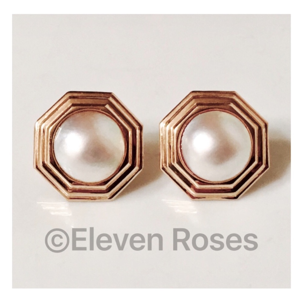 Large 14k Gold Octagon Pearl Statement Earrings - Picture 1 of 6